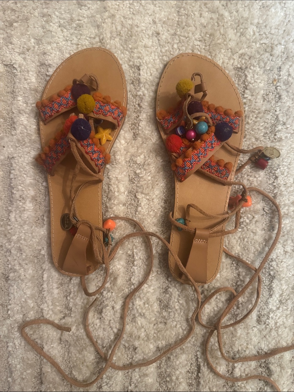 MIA Women’s Tan Pom-Pom Embellished Lace-Up Sandals